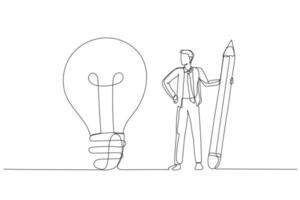 Drawing of businessman use pencil to connect the dots and create the idea bulb concept of business understanding. Single continuous line art style vector