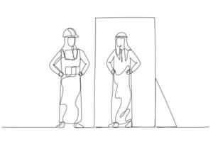 Illustration of blue collar worker looking into woman wear hijab version of self in the mirror. Continuous line art style vector