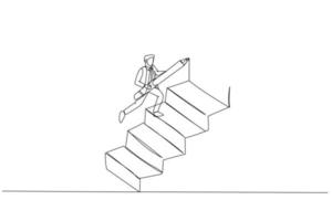 Drawing of businessman using pencil to draw big stair to climb up to success concept of ambition. Single continuous line art vector