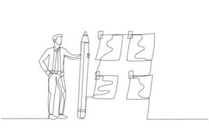 Illustration of businessman with pencil sort sticky notes concept of prioritize work. Single continuous line art vector