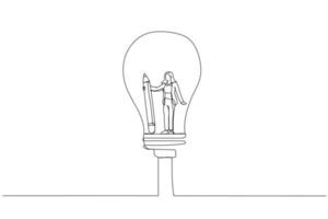 Drawing of businesswoman holding pencil think inside idea on lightbulb concept of creative imagination solution invention. One line art style vector