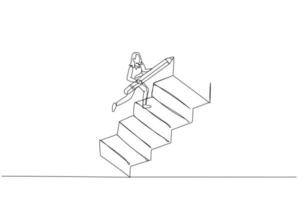 Drawing of businesswoman using pencil to draw big stair to climb up to success concept of ambition. One line style art vector