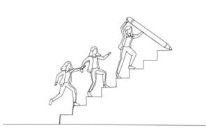 Drawing of businesswoman draw stair with pencil to lead team walk up leader guide team concept of growth. One line art style vector