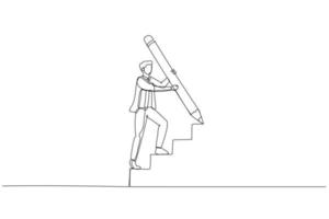 Drawing of businessman use huge pencil draw staircase climbing up ladder concept of business development. Single continuous line art style vector
