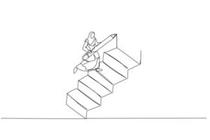 Drawing of muslim woman using pencil to draw big stair to climb up to success concept of ambition. Single continuous line art style vector