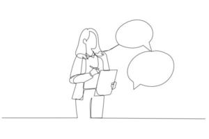 Cartoon of businesswoman taking note in the meeting while listen to others information concept of minutes of meeting. Single line art style vector