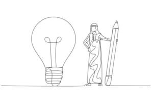Cartoon of businesswoman use pencil to connect the dots and create the idea bulb concept of business understanding. Single line art style vector