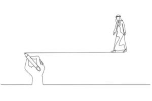 Cartoon of businesswoman walking following on guide line written by man concept of guidance. Single line art style vector