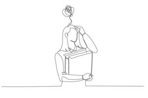 Drawing of stress businesswoman having headache while holding folder of document. One line art style vector