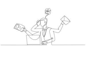 Cartoon of businessman dizzy stressed because of daily work receive email sending paper. One line art style vector