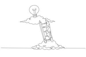 Drawing of muslim woman climbing ladder to upper cloud to find bright idea concept of creative inspiration. One line art style vector