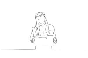 Drawing of stress arab man stand holding box full of belonging after being fired. Single line art style vector