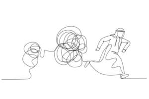 Illustration of arab man running away from tangled line ball concept of avoid problem. One continuous line art style vector