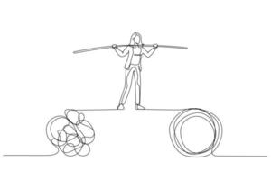 Drawing of businesswoman walk on tight rope balancing between problem. Single continuous line art style vector