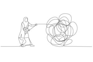 Illustration of muslim woman try to unraveling tangled rope concept of solution and problem solving. Continuous line art style vector