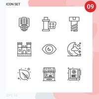 Set of 9 Modern UI Icons Symbols Signs for view human eye reel eye castle Editable Vector Design Elements