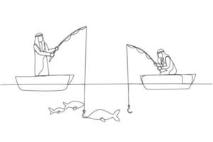 dibujo de dos empresarios árabes que pescan con fines de lucro intentan una buena producción. arte de estilo de una línea vector