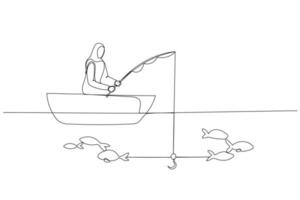 Illustration of muslim woman try to get fish but not getting one concept of unsuccessful. Single line art style vector