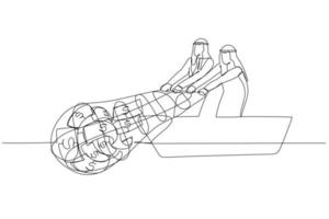 caricatura de un hombre de negocios árabe intenta obtener dinero con el concepto neto de beneficio financiero. estilo de arte de una línea vector