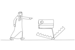 Cartoon of arab man walk into credit card trap showing danger of debt. Single continuous line art style vector