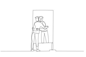 Drawing of businessman hugging own reflection on the mirror concept of self love. Continuous line art vector