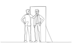 Cartoon of businessman putting mask into self reflection concept of impostor syndrome. One continuous line art style vector