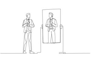 Illustration of businessman getting ready to work looking into mirror. Single line art style vector