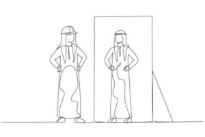 Drawing of blue collar worker looking into arab man version of self in the mirror. Single line art style vector