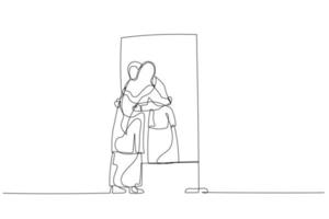 Cartoon of woman wear hijab hugging own reflection on the mirror concept of self love. Single line art style vector
