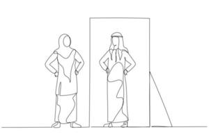 Cartoon of woman wear hijab looking at opposite gender of self on mirror reflection. Single continuous line art vector