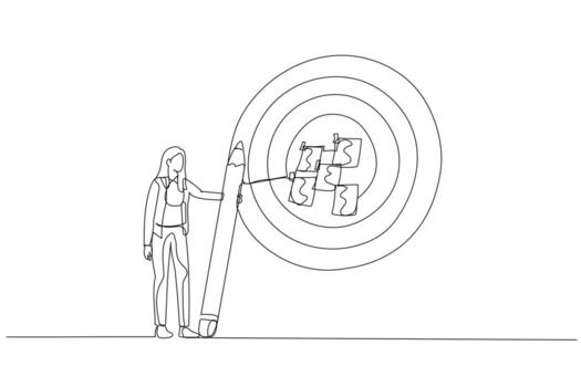 la ilustración de una mujer de negocios escribe un objetivo en las notas y pone un gran concepto de tablero de dardos de establecimiento de objetivos. estilo de arte de línea continua única vector