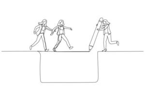 Drawing of businesswoman manager draw bridge help team cross cliff concept of leadership. One continuous line art style vector