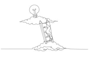 Cartoon of businesswoman climbing ladder to upper cloud to find bright idea concept of creative inspiration. One line art style vector