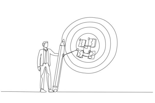 caricatura de un hombre de negocios que escribe el objetivo en notas y pone un gran concepto de tablero de dardos de establecimiento de objetivos. estilo de arte de una línea vector