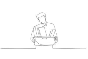 Cartoon of stress businessman stand holding box full of belonging after being fired. One line art style vector