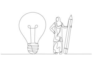 Cartoon of muslim woman use pencil to connect the dots and create the idea bulb concept of business understanding. Single continuous line art vector