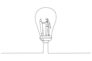 Illustration of businessman holding pencil think inside idea on lightbulb concept of creative imagination solution invention. Single line art style vector