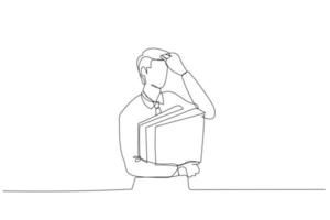 Illustration of stress businessman having headache while holding folder of document. Single line art style vector