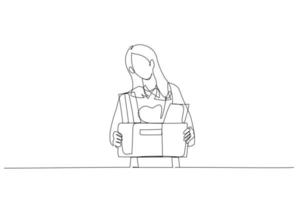 Illustration of stress businesswoman stand holding box full of belonging after being fired. Single continuous line art style vector