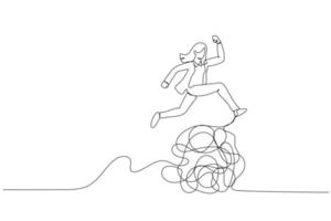 Illustration of businesswoman jumping over messy line metaphor of overcoming trouble and difficulty. Single continuous line art style vector