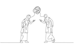 Drawing of muslim woman and colleague debating arguing concept of conflict. Continuous line art vector