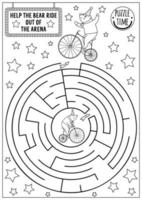 Circus black and white maze for kids with bear on bicycle. Amusement show preschool line printable activity with cute animal performer on bike. Entertainment labyrinth coloring page vector