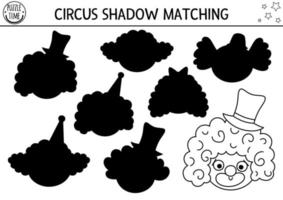 Circus black and white shadow matching activity with cute clown faces. Amusement show line puzzle. Find correct silhouette printable worksheet or game. Entertainment coloring page vector