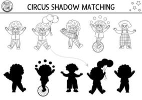 Circus black and white shadow matching activity with cute clowns. Amusement show line puzzle. Find correct silhouette printable worksheet or game. Entertainment coloring page vector