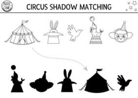 Circus black and white shadow matching activity with clown, marquee, sea lion. Amusement show line puzzle. Find correct silhouette printable worksheet or game. Entertainment coloring page vector