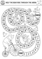 juego de mesa de dados en blanco y negro de circo para niños con oso en bicicleta paseando por la arena. juego de mesa de línea de espectáculo de diversión. Página para colorear imprimible de entretenimiento con animales vector