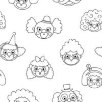 Vector black and white seamless pattern with clown faces. Circus artists line avatars repeat background. Amusement holiday digital paper or coloring page. Cute funny festival texture