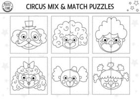 Vector circus black and white mix and match puzzle with clown faces. Matching amusement show line activity or coloring page. Educational printable game with stage performers