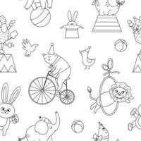 Vector black and white seamless pattern with circus animals. Amusement holiday line repeat background. Digital paper or coloring page with cute funny festival characters