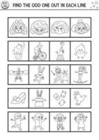 Find the odd one out. Circus black and white logical activity for children. Amusement show educational line quiz worksheet for kids for attention skills. Simple printable game or coloring page vector